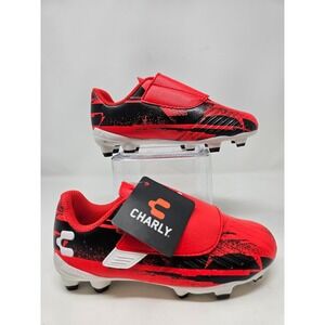 NWT Charly Kids Soccer Cleats Red Black Graphic Hook and Loop 1065264 USA 13